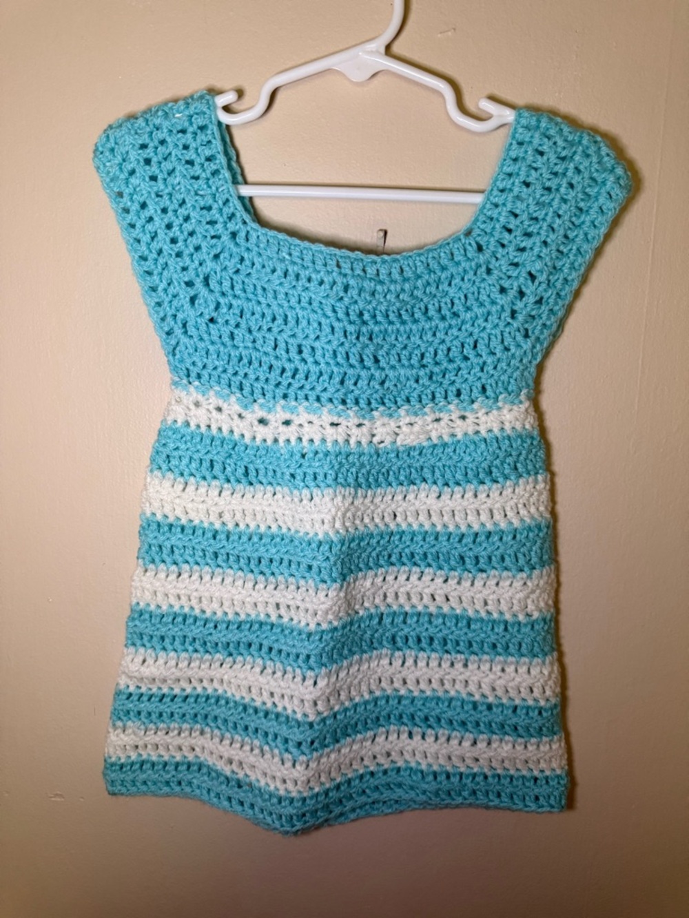 Hand Crafted Turquoise and White Striped Crochet Kids Dress